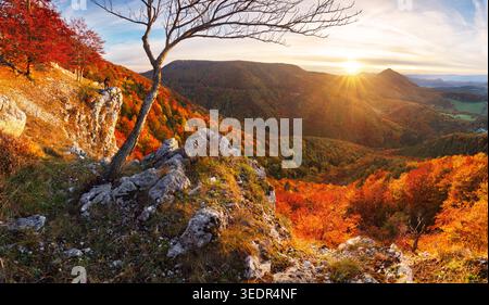 Blick aus der Vogelperspektive auf eine Berge- und Hügellandschaft mit Weinbergen und Landschaft bei Sonnenuntergang in Herbstfarben, Slowakei Stockfoto