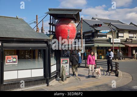 Eine Frau mittleren Alters, die mit ihrem Hund an einem hellen Wintertag an einer Straßenkreuzung in Arashiyama, Kyoto, Japan, spaziert. Stockfoto