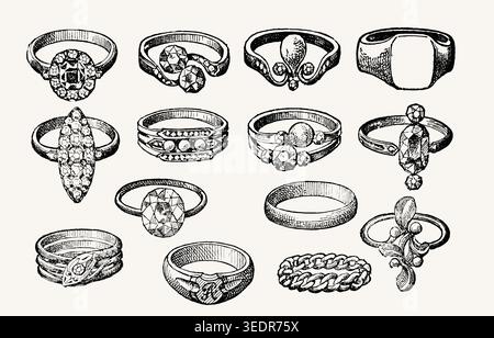 Ein Set aus 14 handgezeichneten Vintage-Schmuckringen im gravierten Stil. Diese Vektor-Illustrationen-Kollektion bietet verschiedene Designs, einschließlich Diamanten Stock Vektor