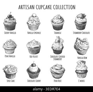 Eine umfassende Sammlung wunderschön detaillierter Cupcake-Illustrationen im Stile mit verschiedenen Belägen. Ideal für Bäckerei-Logos, Café-Kleie Stock Vektor