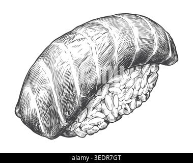 Sehr detaillierte Strichkunstdarstellung von traditionellem Thunfisch-Nigiri-Sushi. Eine perfekte grafische Ressource für Sushi-Barmenüs, authentisches asiatisches Branding, Stock Vektor