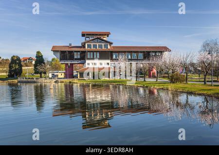 Das Haus der Deutschen Weinstraße während der Mandelblüte, Bockenheim, Deutsche Weinstraße, Rheinland-Pfalz, Deutschland Stockfoto