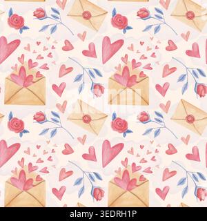 Nahtloses valentinstag-Muster mit Herzen, Umschlägen und Blumen. Handgezeichneter romantischer Hintergrund für Textil, Papier Stockfoto