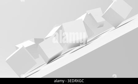 Gruppe von weißen Würfeln, die auf grauem Hintergrund Rollen. Isoliert. 3D-Abbildung. Stockfoto