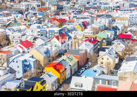 Luftaufnahme von Reykjavik, der Hauptstadt Islands, von der Hallgrimskirkja Kirche Stockfoto