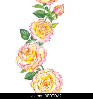 Nahtloser vertikaler Rand aus gelb rosa Rosen und Blättern in Wellenform. Botanische Blumenillustration isoliert auf weißem Hintergrund Stockfoto