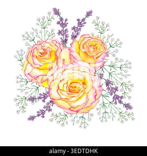 Aquarellstrauß mit drei gelben rosa Rosen, Lavendel und gypsophila. Botanische Komposition isoliert auf weißem Hintergrund handgemalt realistisch Stockfoto