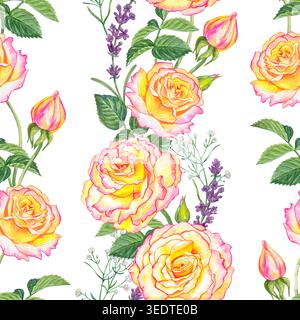 Nahtloses Aquarellmuster mit gelben rosa Rosen, Lavendel- und gypsophila-Blüten. Botanische Illustration isoliert auf weißem Hintergrund handgemalt Stockfoto