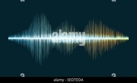 Futuristische Audiowellenform mit leuchtenden Lichtpartikeln und Frequenzlinien auf dunklem blauem Hintergrund Stock Vektor