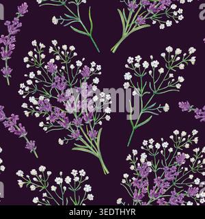 Nahtloses Aquarellmuster mit Lavendel- und gypsophila-Blüten. Handgezeichnete botanische Illustration isoliert auf dunklem Hintergrund. Stockfoto