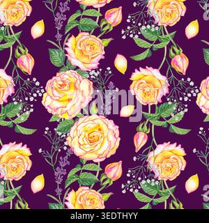 Nahtloses Aquarellmuster mit gelben rosa Rosen, Lavendel- und gypsophila-Blüten. Botanische Illustration auf dunklem Hintergrund Stockfoto