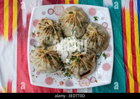 Manti-Knödel auf einem Teller auf dem Tisch. Gedämpfter, mit Fleisch gefüllter Teig. Garniert mit schwarzem Pfeffer und Kräutern. Zentralasiatische Küche. Draufsicht Stockfoto
