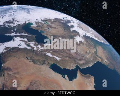 3D-Illustration der Erde im Weltraum mit Fokus auf Iran Stockfoto