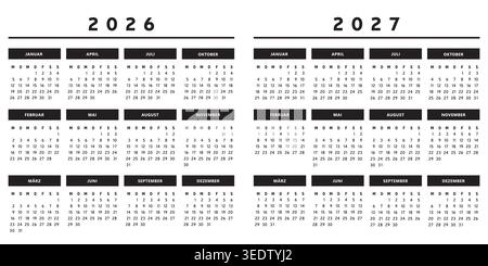 Kalender 2026 und 2027 mit Feldern in Schwarzweiß 4 Spalten - Deutsch Stock Vektor