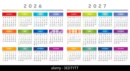 Kalender 2026 und 2027 mit Feldern in Regenbogenfarben 4 Spalten - Englisch Stock Vektor