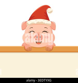 Niedliches, lächelndes Schwein mit Weihnachtsmütze, das über ein leeres Schild blickt und Weihnachtsmotive und Weihnachtsmotive mit festlichem Beifall erfüllt. Stock Vektor