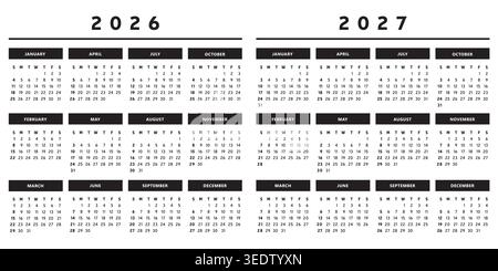 Kalender 2026 und 2027 mit Feldern in Schwarzweißfarben 4 Spalten - Englisch Stock Vektor