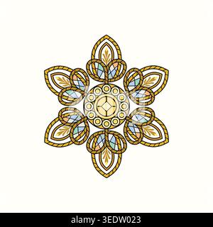 Elegantes Goldmedaillon mit floraler Symmetrie und Buntglasdetails, perfekt für luxuriöse Dekor- und Designakzente. Stock Vektor