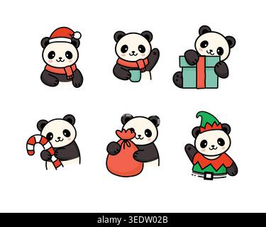 Entzückende Weihnachtssymbole mit festlichen Outfits, Geschenken, Zuckerrohr, Weihnachtsmütze und Weihnachtsstimmung im niedlichen Cartoon-Stil. Stock Vektor
