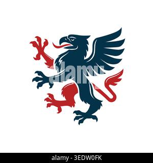 Wappenemblem in kräftigem Rot und Blau symbolisiert Stärke, Wachsamkeit, Macht und königliche Autorität im klassischen Wappendesign. Stock Vektor