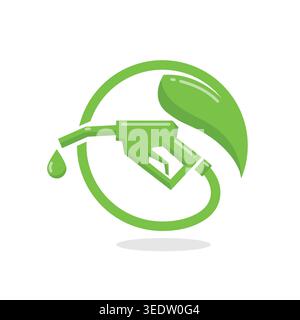 Grünes Fuel-Logo mit umweltfreundlicher Benzindüse mit Blatt und Tropfen, die ein nachhaltiges und sauberes Energiekonzept symbolisieren. Stock Vektor