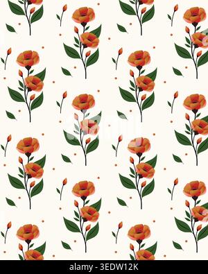 Nahtloses Blumenmuster mit orangen Blüten, grünen Blättern und weichem cremefarbenen Hintergrund für elegante natürliche Dekoration. Stock Vektor