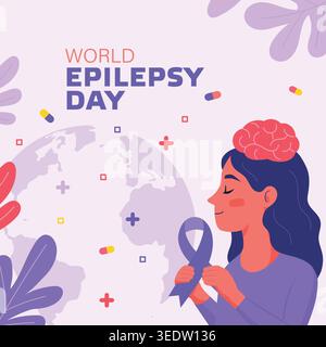 Illustration zum Welttag der Epilepsie, die eine Frau zeigt, die ein violettes Band mit Elementen des Gehirnbewusstseins und globalen Unterstützungssymbolen hält. Stock Vektor