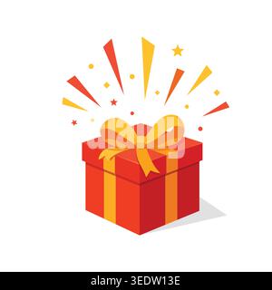 Eine leuchtend rote Geschenkbox mit goldenem Band strotzt vor festlichen Funkeln und symbolisiert Feiern, Freude und aufregende Überraschungen. Stock Vektor
