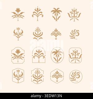 Elegantes Vintage-Blumenschmuck mit dekorativen botanischen Motiven in minimalistischem Braun. Stock Vektor