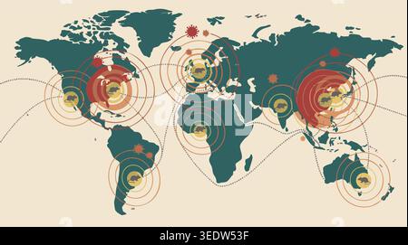 Globale Weltkarte Illustration, die die internationale Ausbreitung und Übertragung viraler Pandemien aus verschiedenen Regionen darstellt Stock Vektor