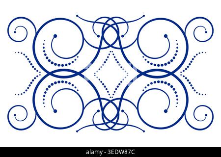 Filigranes Zierelement. Blaue, komplizierte Wirbel. Hintergrund kalligraphischer gekrümmter Linien. Lockiges Ornament im Vintage-Stil Stock Vektor