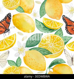 Zitronen-Aquarellmuster. Zitronen, Blätter und Blumen mit Zweig isoliert Illustration Set. Einfache ClipArt mit Zitrusfrüchten für den Sommer. Stockfoto
