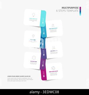 Diese Infografik-Vorlage bietet 6 Schritte für professionelle Geschäftspräsentationen. Diese übersichtliche Infografik-Vorlage enthält farbenfrohe Etiketten und Symbole Stock Vektor