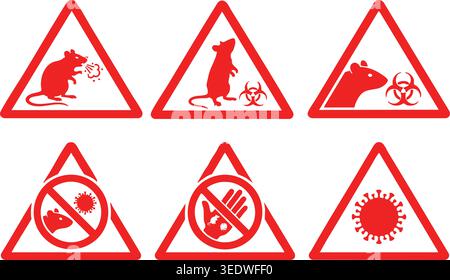 Sammlung roter Warnschilder mit Symbolen für biologische Gefahren bei Ratten und Virussymbolen, die Ansteckungsrisiken Laborgefahren und Infektionskrankheiten darstellen Stock Vektor