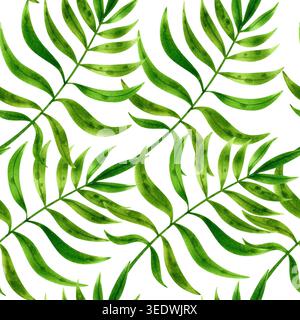 Grüne tropische Palmblätter, lebhaftes, nahtloses Muster in Sommeraquarellen. Frische exotische Pflanzen, handgezeichnet für Design, Verpackung und Stoff. Stockfoto