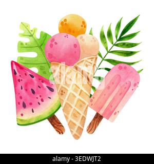Eis in einem Waffelkegel, Aquarellillustration von buntem Eis mit verschiedenen Geschmacksrichtungen, isoliert. Handgezeichnetes Dessert für Design und Dekoration Stockfoto