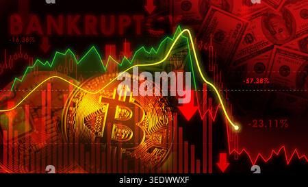 Kryptowährung. bitcoin-Coin-Abwärtstrend. Investitionen in virtuelle Assets. Investitionsplattform mit Charts und Bitcoin. Stockfoto