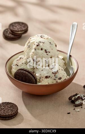 Cremiges Stracciatella-Eis, serviert in einer Schüssel mit Schokoladenkeksen auf einem sonnigen Tisch. Italienisches Eisdessert mit Schokoladenstückchen und Fotogra Stockfoto