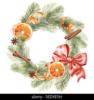 Handgezeichneter Weihnachtskranz mit Tannenzweigen Orangenscheiben Zimtstäbchen und rotem botanischen Rundrahmen Stockfoto