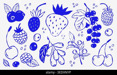 Handgezeichnete Beeren in blauer Tinte. Früchte hängen mit Blättern und Bläschen. Stilvolle Skizze für Menüs oder Etiketten. Naturdarstellung, einfach und sauber. Verwenden Sie es Stock Vektor