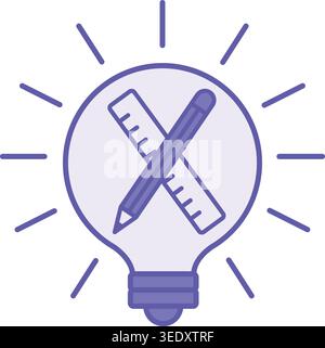 Violettes Symbol Für Kreative Ideen. Vektorsymbol. Glühlampe, Bleistift und Lineal. Unkonventionelle Lösung eines Problems. Konzeptidee Stock Vektor