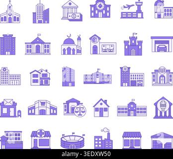 Farbige Gebäudesymbole. Vektorsymbole für Zuhause, Büro. Stadt, Krankenhaus, Polizei, Gericht, Museum, Einkaufszentrum, Kasino, Universität, Kirche und O Stock Vektor
