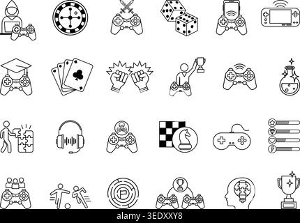 Spielsymbole Gesetzt. Vektorsymbole von Arcade-Spiel, Mobile-Spiel, Kartenspiel, Würfel, Kämpfen, Casino, Schach, Konsole, Kopfhörer, Ballspiel, Game Over und OT Stock Vektor