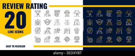Überprüfen und bewerten Sie Sterne, Ranking-Piktogramme und Symbole für beste Qualität. Vektorpiktogramm für die Kundenbewertung, Sternsymbol mit Sockel, Smartphone, Emoji und Sternen, Medaille, Aufwärtspfeile Stock Vektor