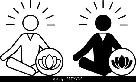 Symbole für Ruhe. Schwarz-weiß-Vektor-Symbole des meditierenden Menschen. Yoga, Entspannungsübungen. Lotusblume. Psychische Gesundheit. Positives Denkkonzept Stock Vektor