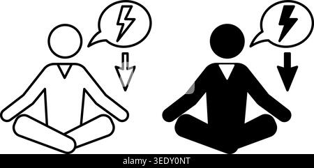 Spannungssymbole Reduzieren. Schwarz-weiß-Vektor-Symbole von meditierendem Mann und Pfeil nach unten. Lernen Sie sich zu entspannen. Beruhigen Sie sich. Vermeiden Sie Stressige Situationen. Psychische Heilung Stock Vektor