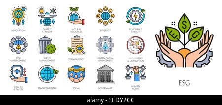 ESG-Umwelt Social Governance Liniensymbole. Vektorzeichen für Umweltschutz, erneuerbare Energien, Klimastabilität, Recycling, natürliche Ressourcen, Symbole für Vielfalt, Humankapital, Gesundheit und Sicherheit Stock Vektor