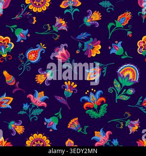 Mexikanische Blumen und Pflanzen nahtloses Muster. Vektor Folk florale alebrije Fliesen Hintergrund, mit Blumen, Blättern, Paisley-Motiven und ornamentalen Blüten, vermitteln festliche lateinische Feiertagsfeier Stock Vektor