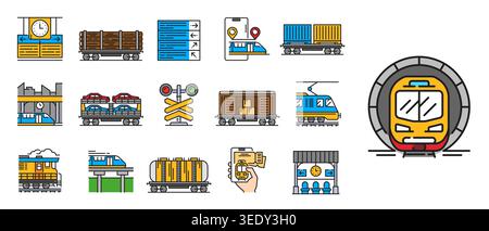 Schienen- und Eisenbahnlinien-Symbole von Zugpiktogrammen und U-Bahn-Einschienenbahnen, Vektorsymbole. Eisenbahnsymbole von Elektrozügen, Frachtcontainern, Kesselwagen oder Fahrkarten und U-Bahn-Tunnel Stock Vektor
