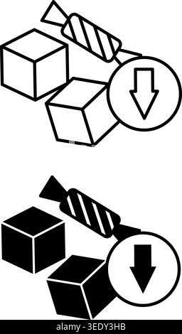 Symbole Zur Zuckerreduzierung. Schwarzweiß-Vektor-Illustration. Zuckerwürfel und Süßigkeiten. Gesunde Ernährung. Gesunder Lebensstil. Gewichtsverlust-Konzept Stock Vektor